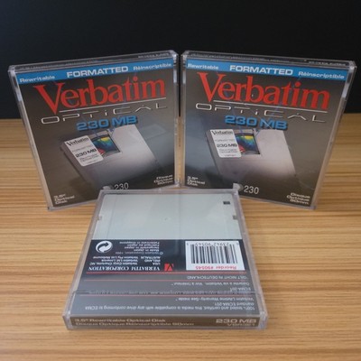 3 Verbatim 230Mb 3.5 wiederbeschreibbare optische Disketten (90mm) eine ist noch versiegelt. 
