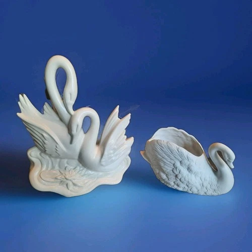 Vintage Hull Pottery Double Swan Planter #81 & 1988 FTD Bisque Swan Lot MCM