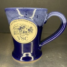 sunset hill stoneware mug, Made In USA, Victoria Station Cafe Putnam CT. BLUE