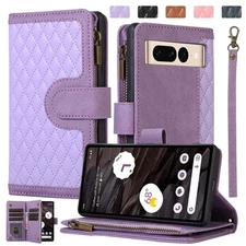 For Google Pixel 6 Pro 7A 8 Pro Zipper Leather Wallet Flip Case Crossbody Strap