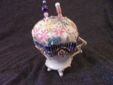 Antique Flow Blue w/ Gold Accent Demitasse Cup Pin Cushion Sewing Collectible