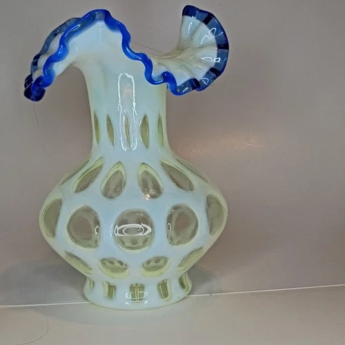 New ListingFenton Uranium Glass Vase White Blue Coin Dot Pattern Ruffled Rim Glossy Finish