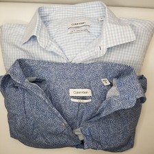 Calvin Klein Slim Fit Easy Iron Long Sleeev Dress Shirt Mens Size 40 White Blue