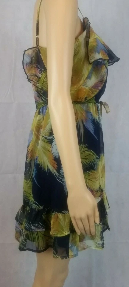 Vestido solero Johnny Martin para mujer (M) azul y amarillo con volantes y correa de espagueti Foto 3 de 4