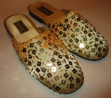 Easy USA Womens 8M Gold, Square Sequins Flat Sole Slip on Embellished Slippers