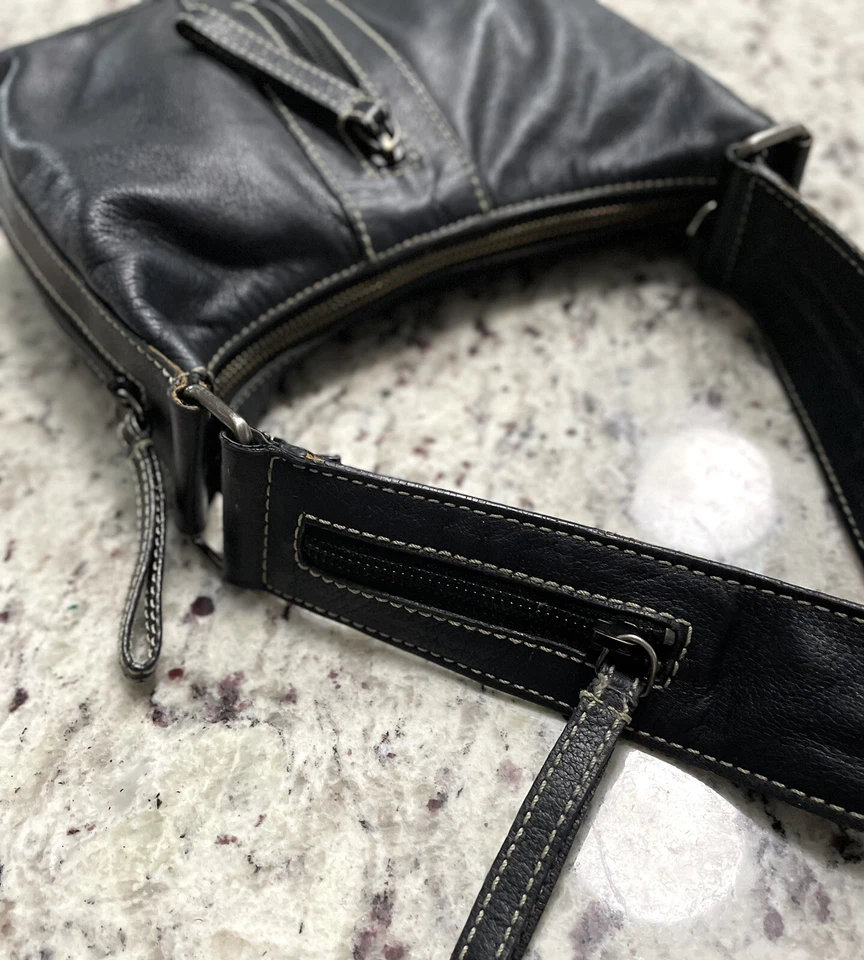 Leonello Borghi Black Leather Purse Shoulder Bag Zip Pockets - Image 4 of 4