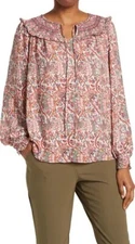Max Studio $88 Smocked Long Sleeve Tie Neck Floral Crepe Peasant Top Size S NWT