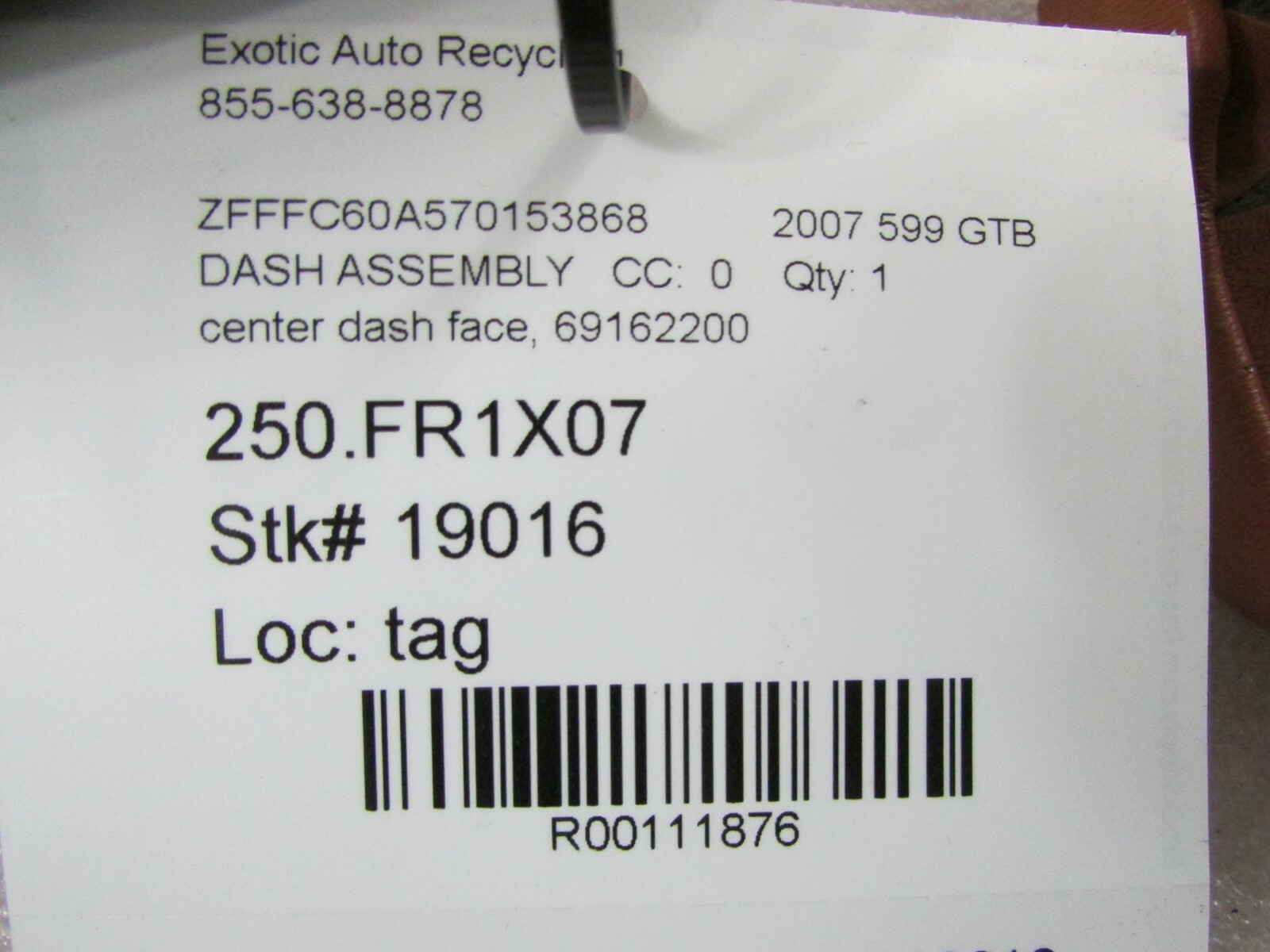 Ferrari 599 GTB, Center Dash Face Panel, Cuoio, Used, P/N 69162200