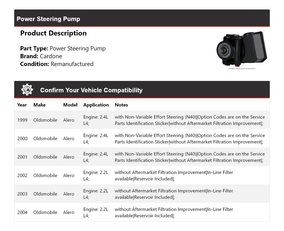 Bomba de dirección asistida Cardone para Oldsmobile Alero 1999-2004 2000 2001 2002 2003 Foto 2 de 4