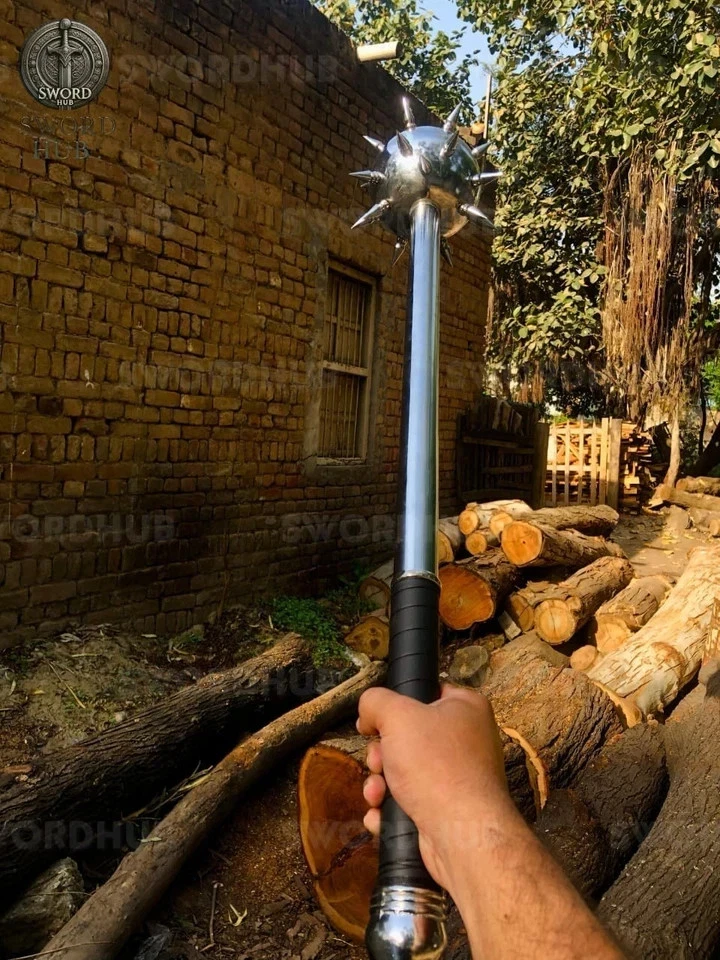Maza bola medieval hecha a mano con púas plateada con estrella mortal de la mañana plateada Foto 3 de 4