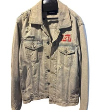 DIESEL Denim Jacket XS SS Distressed Logo Print Streetwear Authentic