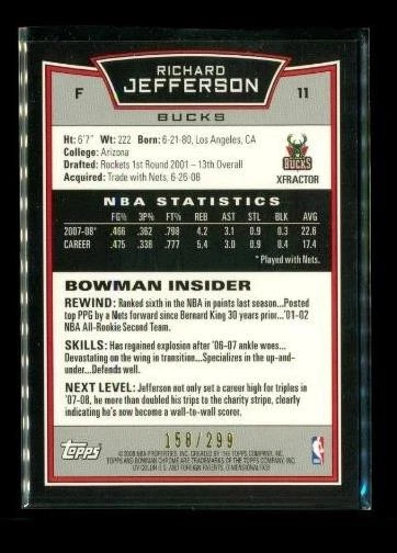 2008-09 Bowman Draft Picks & Stars Chrome X-Fractor/299 Richard Jefferson #11 Foto 2 de 2