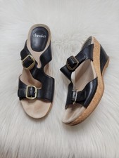 Dansko Carla Black Leather Wedge Sandals Strappy Buckle Slide Women's Size 38