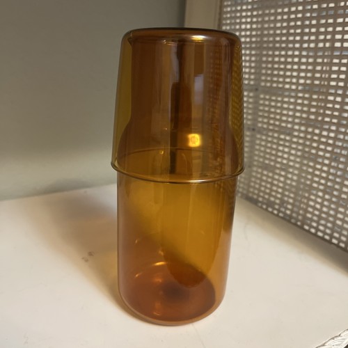 Amber Glass Bedside Night Time Carafe 2 Pc Tumble Up Set Water Pitcher & Cup