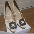 Manolo Blahnik Hangisi Jewel Buckle Heel Pumps Beige Satin Women's 37 US7