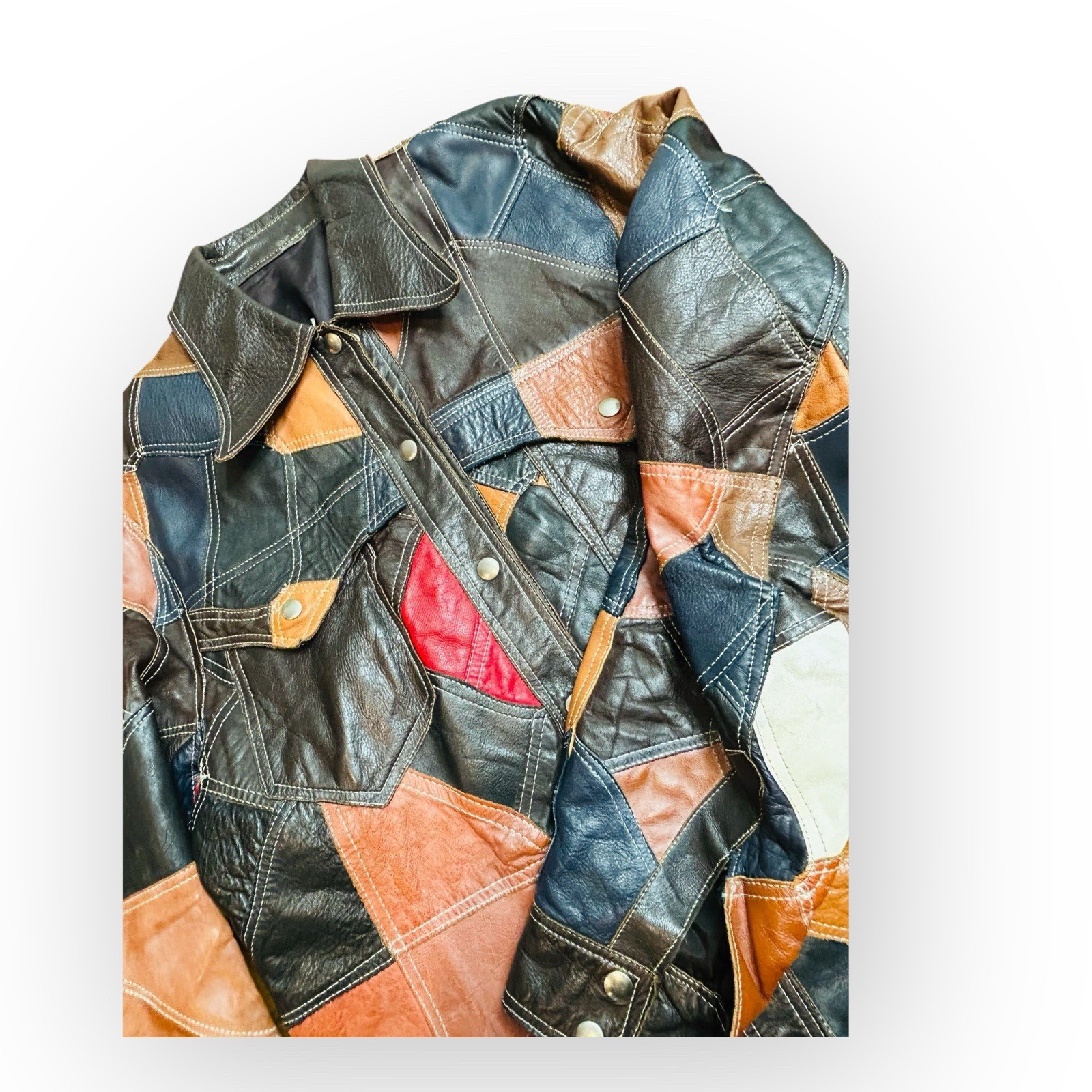 VTG 70s Patchwork Leather Jacket Blazer Coat For … - image 7