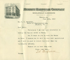 Letter Move Georgia State Capital from Atlanta to Macon 1919 Merritt Hardware