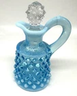 Vtg Fenton Blue Glass Opalescent Spout Hobnail Cruet Bottle with Stopper(H2)
