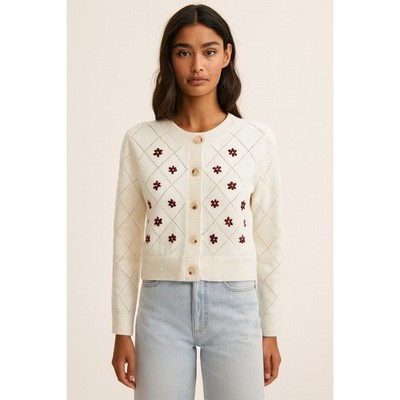 Willow & Wind Embroidered Cardigan Size L Ivory Red Cottage Cropped Womens