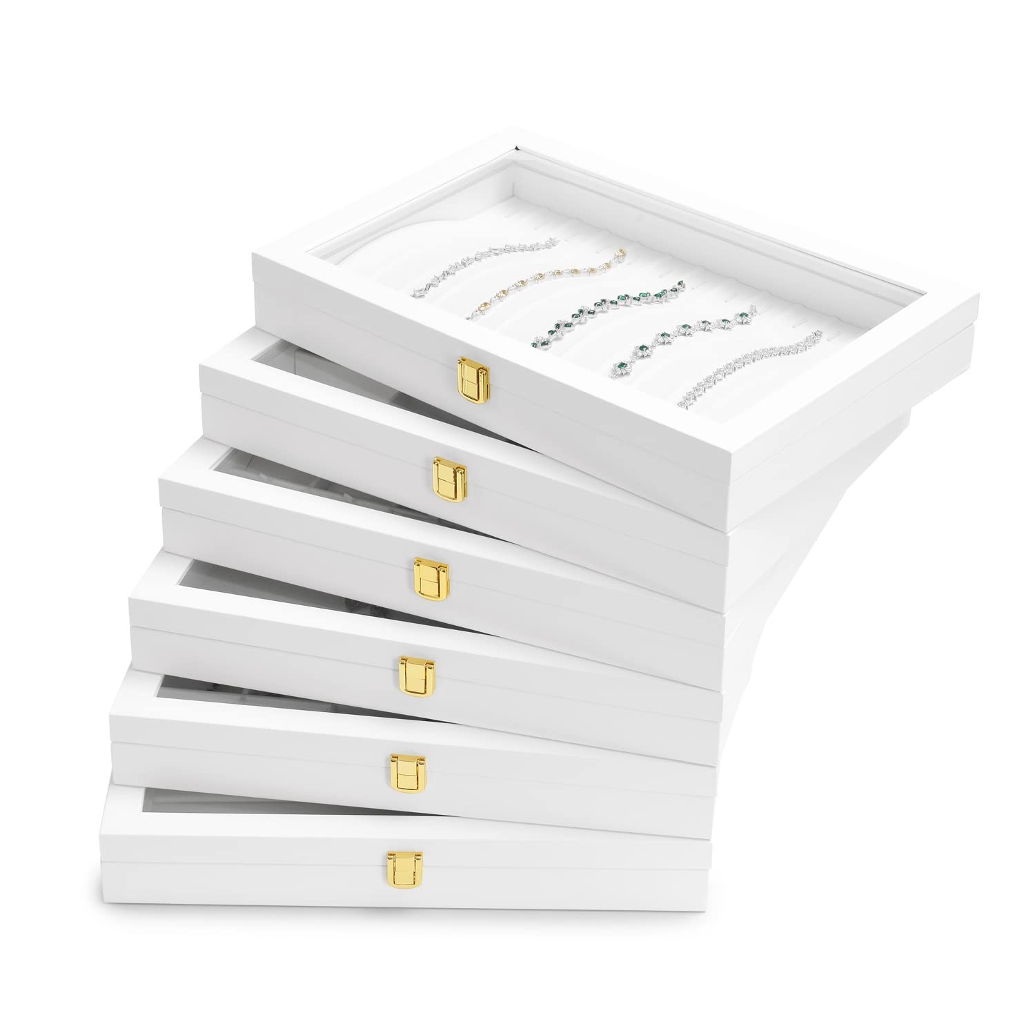 Oirlv White Jewelry Organizer Tray with Acrylic Lid Premium Leather Jewelry B...