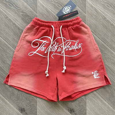Hellstar Washed Red Sweat Shorts Men's Cotton The Path to Paradise Pockets Short