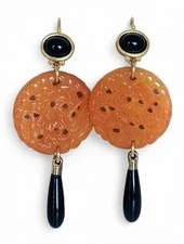 KENNETH JAY LANE  Carved Faux Coral Onyx Leverback Earrings Dangle Drop Signed