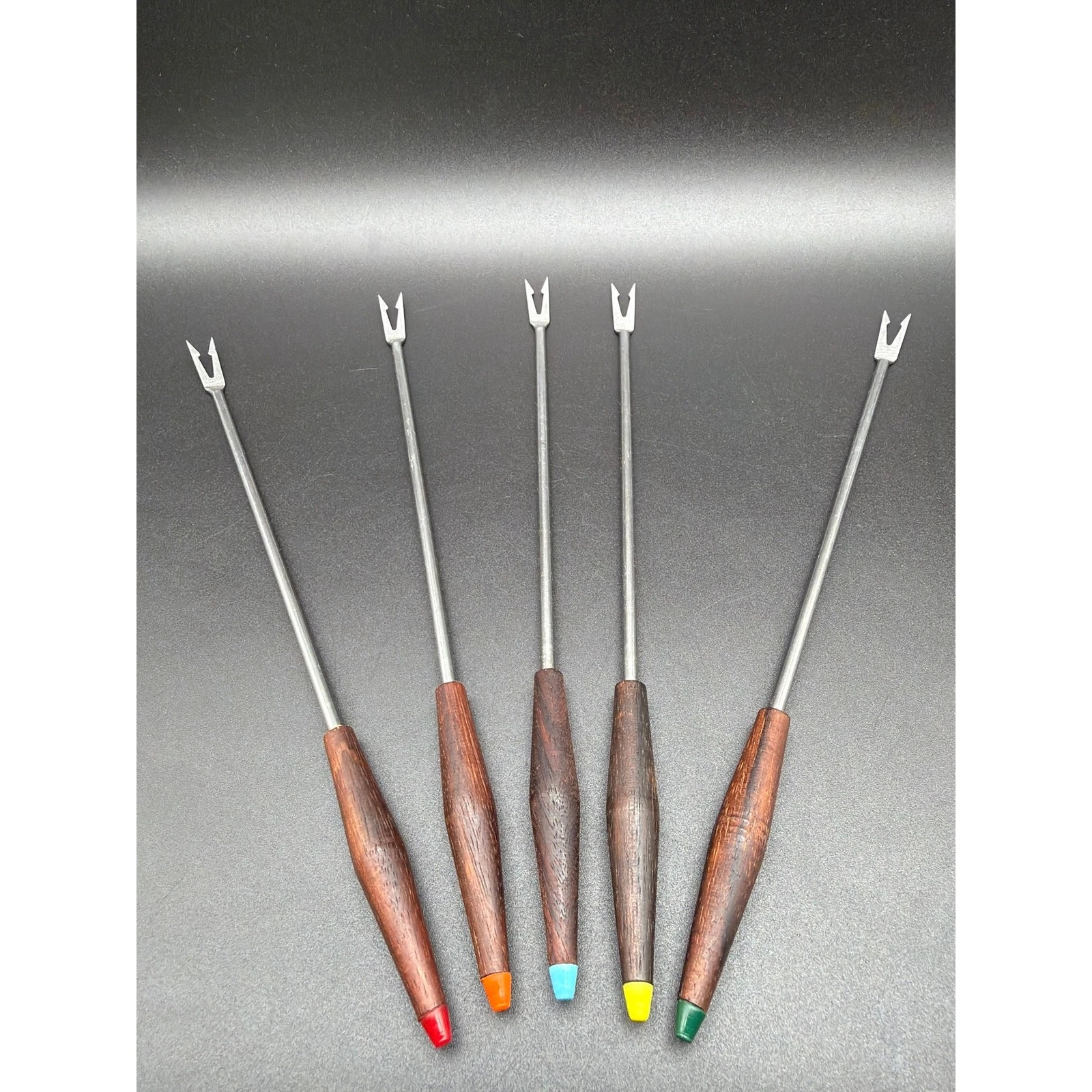 Vintage Teak Fondue Fork Set 6 Piece Color Tips Mid Century Modern MCM Japan