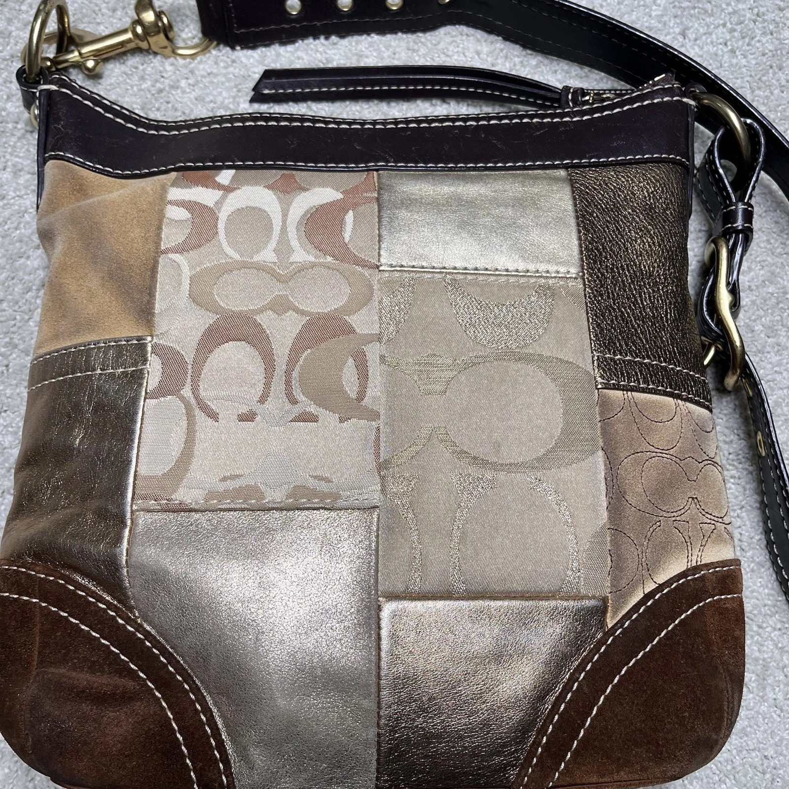 Borsa Coach vintage firmata patchwork pelle oro marrone scamosciata tracolla