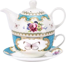 English Porcelain Tea for One Set, Floral Teapot with Cup, Blue Tea Cup and Sauc