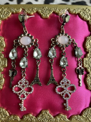 Betsey Johnson Wanderlust Romantic Pink Opal Eiffel Tower Key Butterfly Earrings