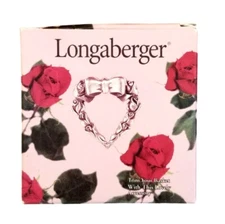 VTG 1998 Longaberger Pewter Heart Pin / Basket Tie-on w Box and White Ribbon