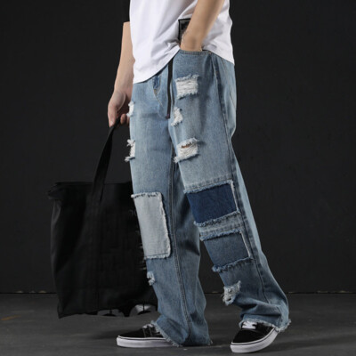 New Mens Denim Wide Leg Straight Pants Baggy Ripped Holes Jeans