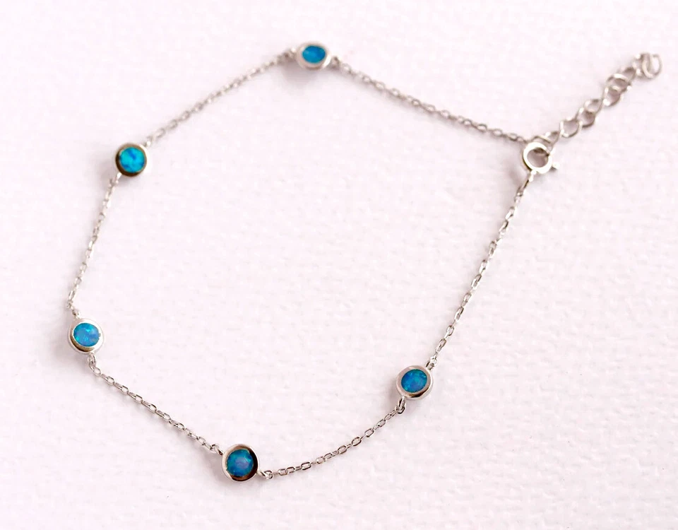 Anklet 1.30Ct Created Blue Opal Charm Women's Wedding Gift 14K White Gold Finish - Image 4 of 4
