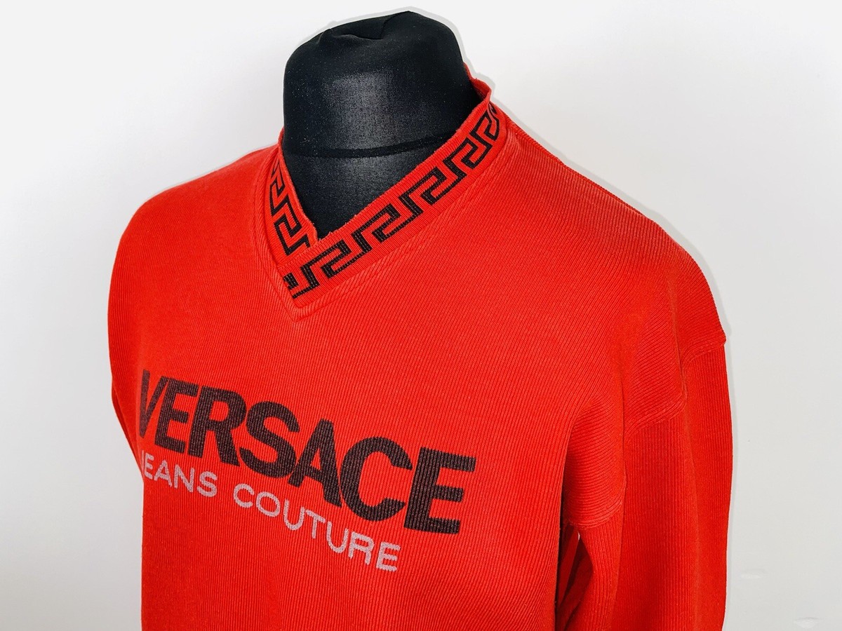 Vintage Versace Jeans Couture 90's BRIGHT RED V Neck Ribbed Jumper