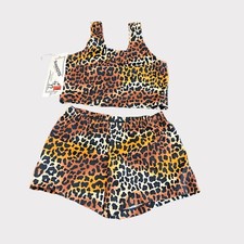 Girls Vintage 80s 90s Stonewear Barbie Brown Orange Leopard Short Set 8-10 yrs