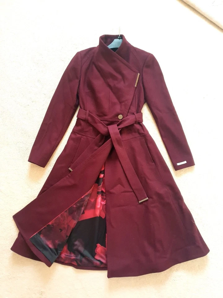 New Ted Baker Roseika Dark Red Skirted Wool Belted Wrap Coat Size TB 0 UK 6 £325 - Image 3 of 4