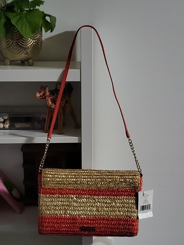 New Kate Spade New York Kaley Bow Bridge Straw Natural Coral Shoulder Bag Clutch - Picture 2 of 12