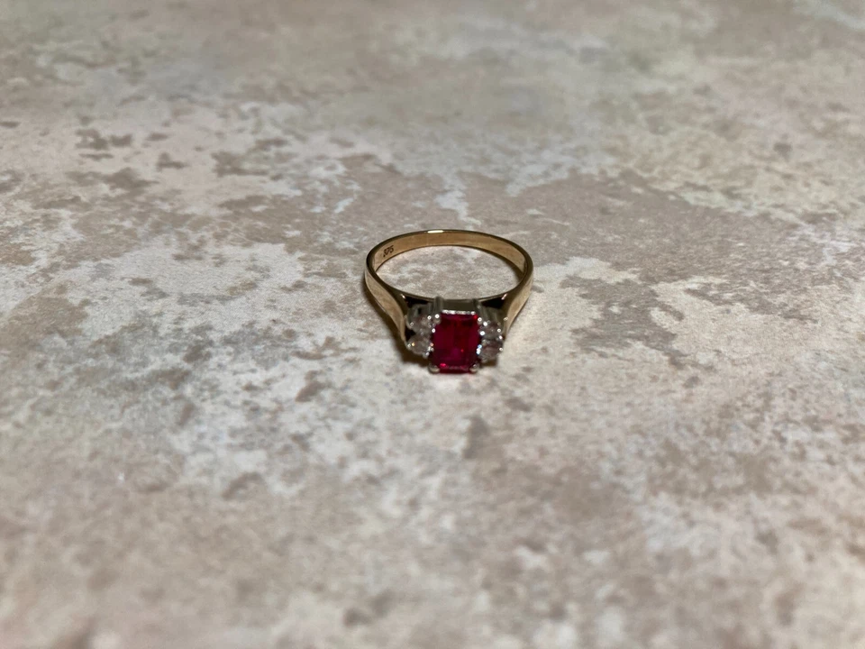 9ct Created Ruby and 4 Diamond ring Size K 1/2 - image 3 of 4