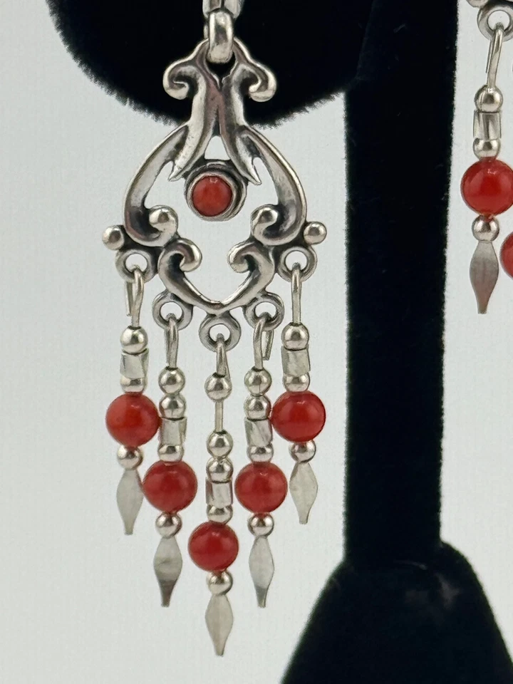 Quoc QT Signed Coral Sterling Silver Chandelier Dangle Earrings - Image 3 of 4
