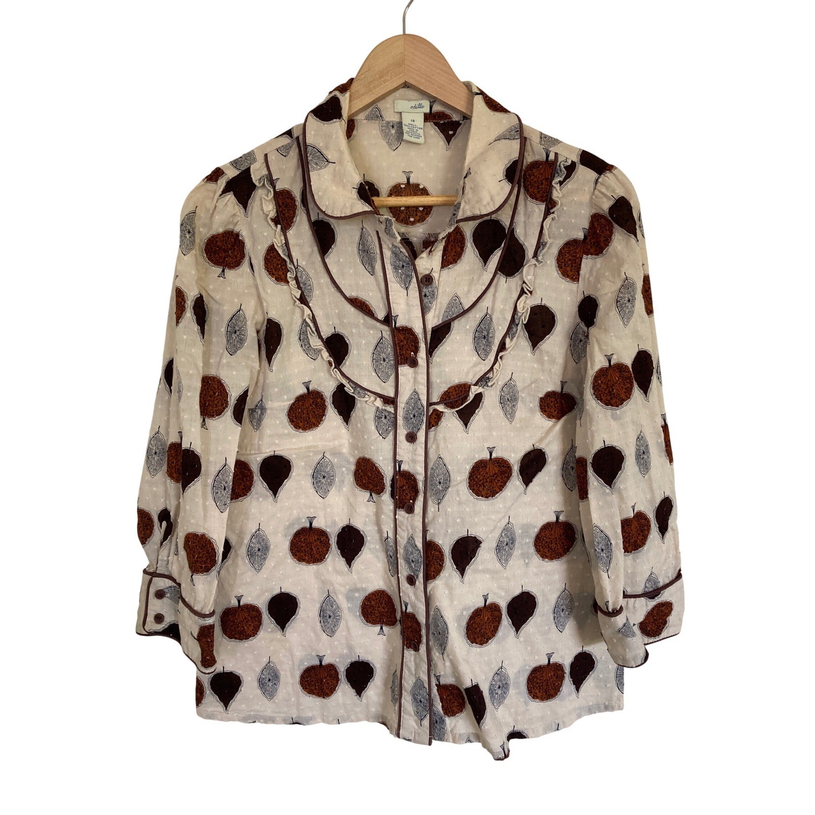 Odille Anthropologie Cotton Swiss Dot Ruffle Blouse Brown Leaf Print Size 14
