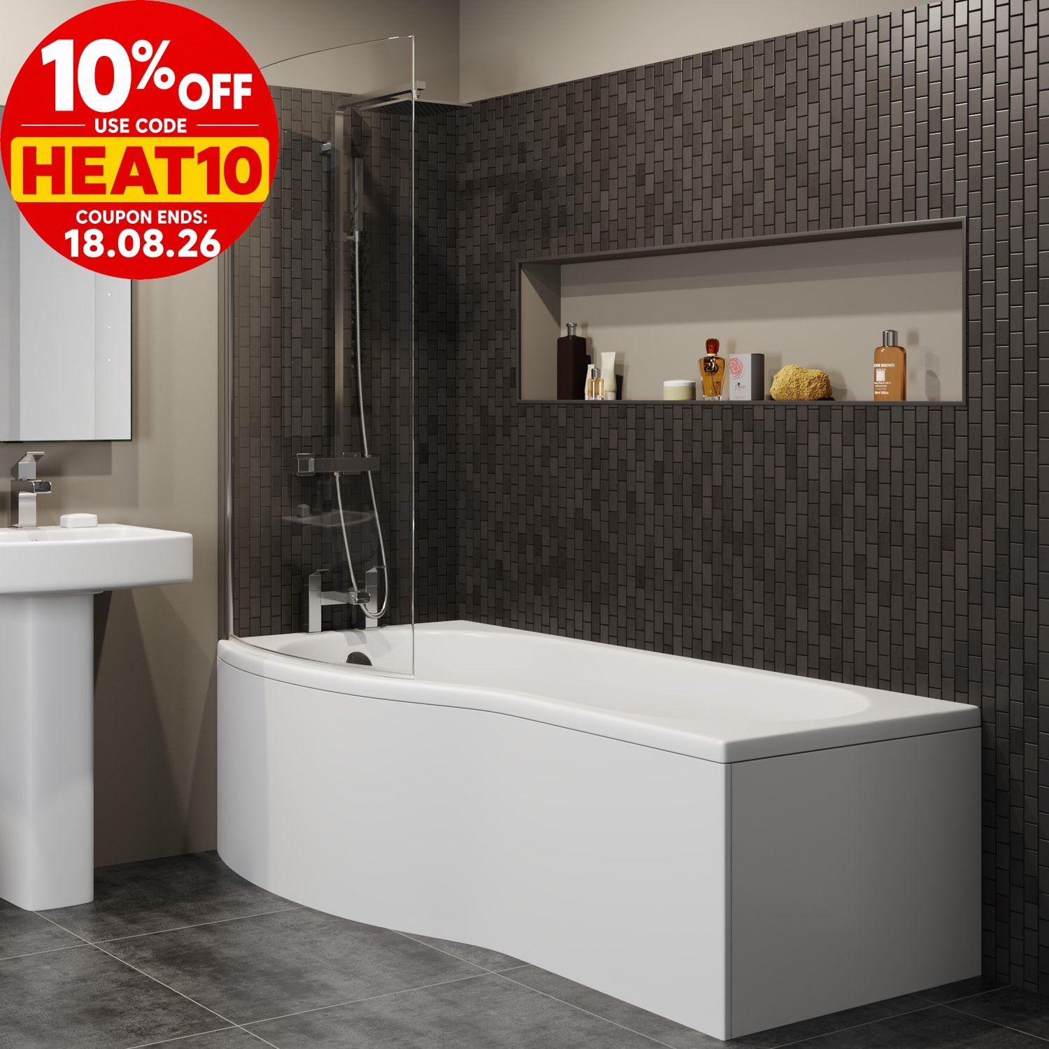 Bathroom P Shaped 1700mm Shower Bath Tub Left Hand LH White Acrylic Modern