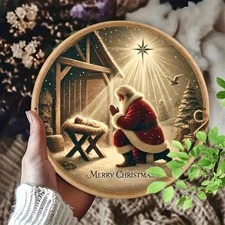 Santa Kneeling in Manger Nativity Religious Christmas Tin Metal Signs Home Décor