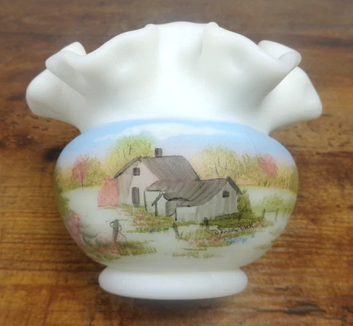 Fenton VASE Hand Painted Custard Satin Glass With Cabin Trees Signed Ruffled