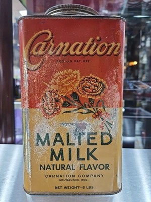 Vintage Carnation Malted Milk 5 lb Tin Can w/ Inner Seal Milwaukee Seattle