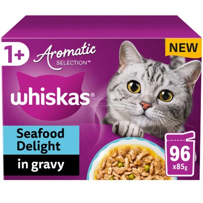 96 x 85g Whiskas 1+ Adult Cat Food Pouches Aromatic Seafood Delight in Gravy