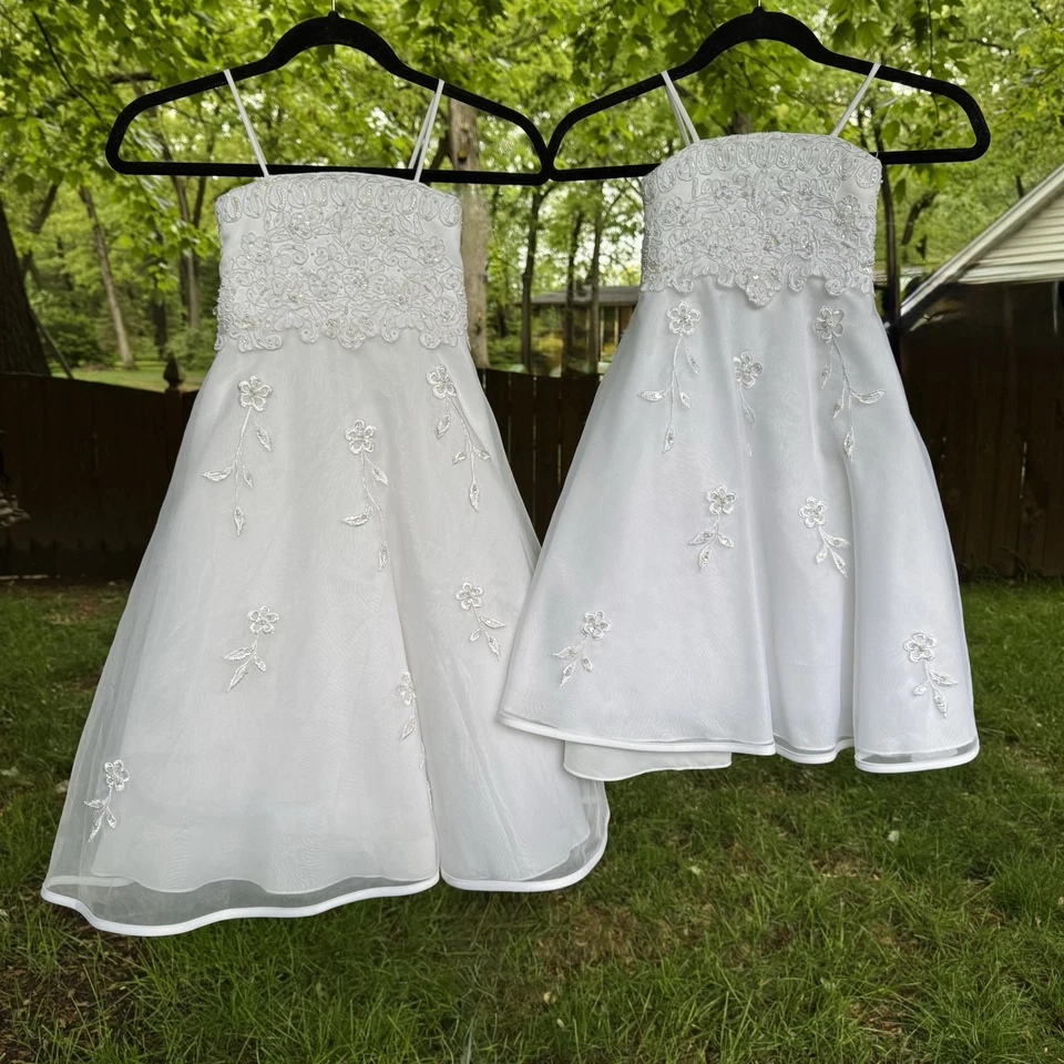 Vestido de niña flor blanco conjunto a juego 2 apliques de lentejuelas con cuentas tallas 4 y 2T Foto 2 de 4