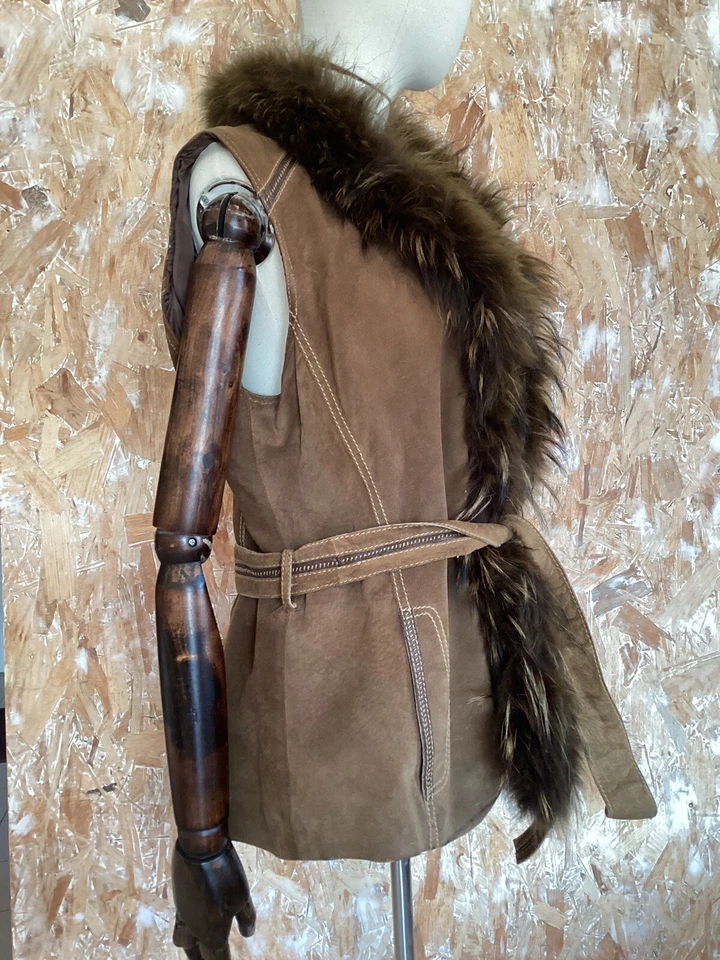 Gilet En Cuir Et Fourrure Style Bohème Hippie Afghan Vintage - Photo 2/4