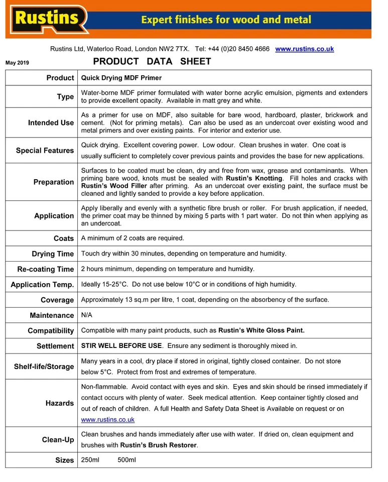 MDF Primer Paint Grey White Rustins Quick Drying 250ml 500ml Interior Exterior - Image 3 of 4