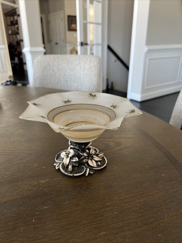 Vintage Glass Serving Plate with Ceramic 3D Floral Pedestal Hand Painted Rare