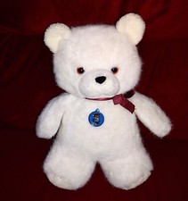 Vintage Dakin TEDDY BEAR White Soft Furry 15in Plush 1984 Burgundy Satin Bow